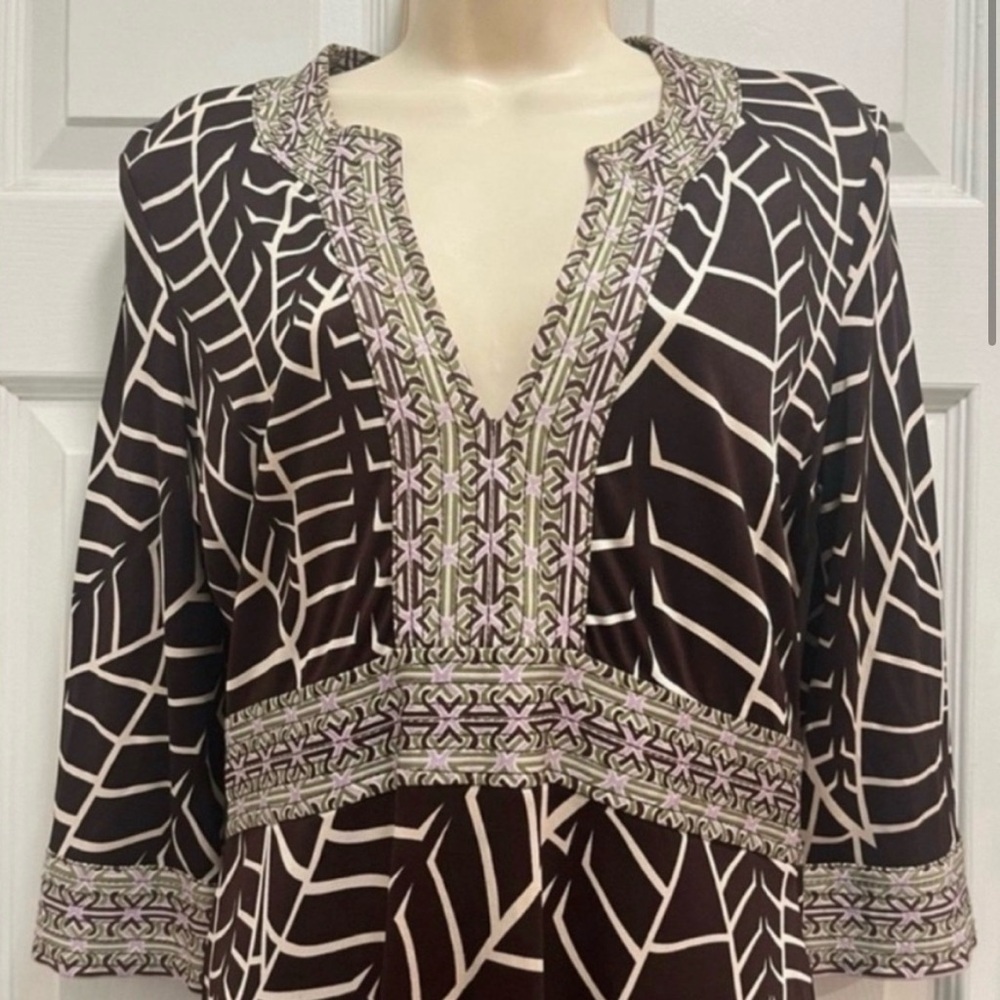 TORY BURCH Brown Banana Leaf Print V-Neck Empire Silk Sheath Dress - Small-EUC - Picture 2 of 9